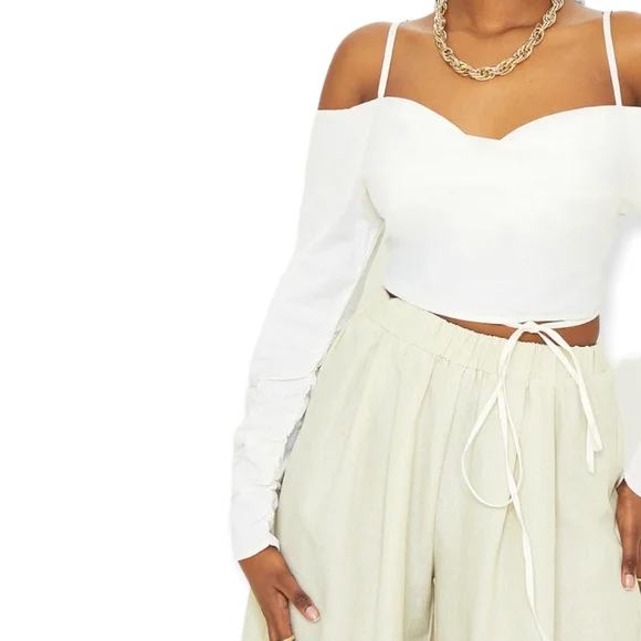 Natural Linen Look Cowl Front Ruched Sleeve Crop Top - Picture 5 of 5